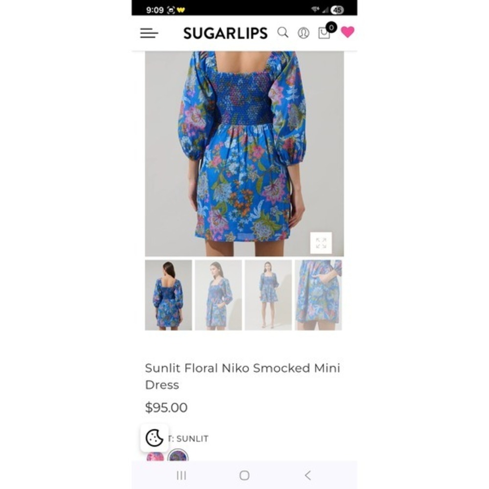 Vivid Blue cottagecore boho floral Smocked Mini Dress Long Puff Sleeve Womens L - Picture 9 of 9